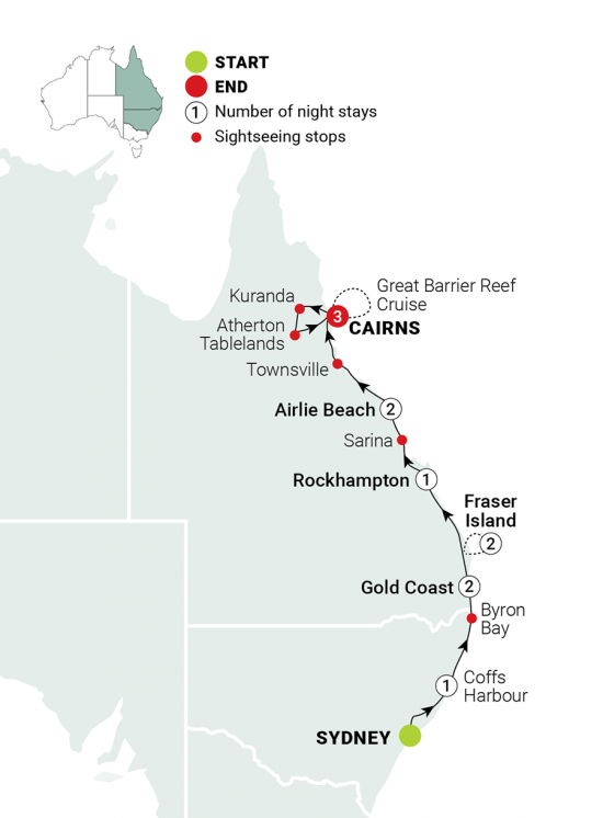 Map Australia East Coast Tour 12 Days QSC